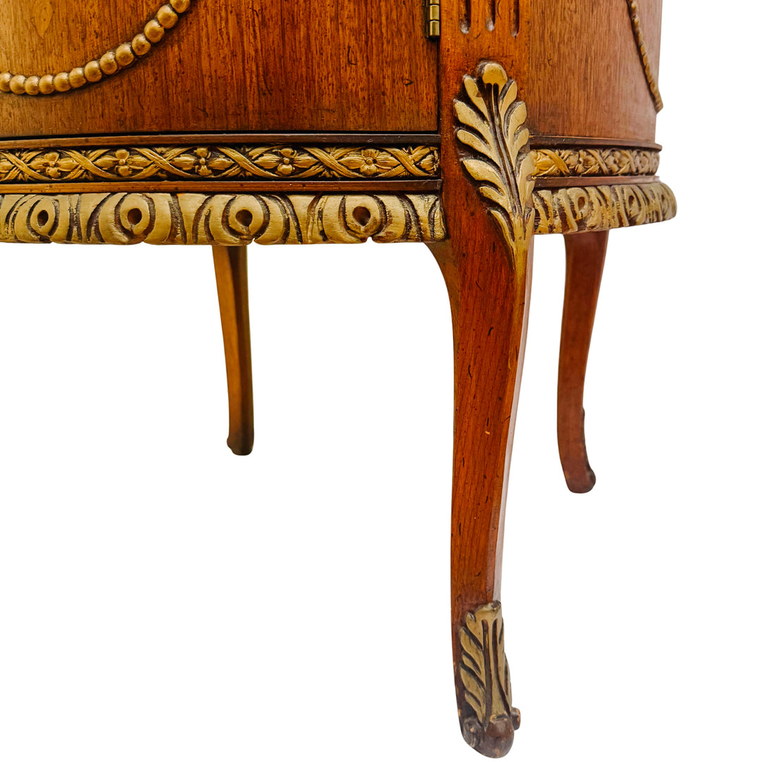 Mid-Century Louis XVI Style Round Gueridon Commode Tables With Carrara Marble & Floral Marquetry