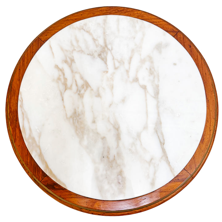 Mid-Century Louis XVI Style Round Gueridon Commode Tables With Carrara Marble & Floral Marquetry
