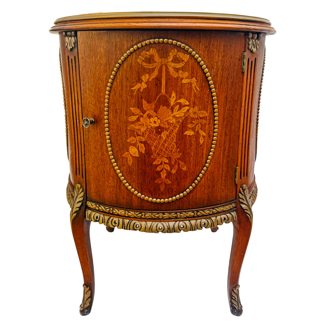 Mid-Century Louis XVI Style Round Gueridon Commode Tables With Carrara Marble & Floral Marquetry