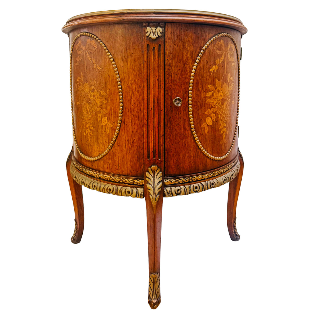 Mid-Century Louis XVI Style Round Gueridon Commode Tables With Carrara Marble & Floral Marquetry