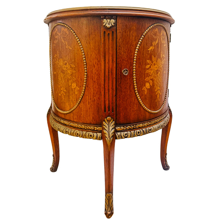 Mid-Century Louis XVI Style Round Gueridon Commode Tables With Carrara Marble & Floral Marquetry