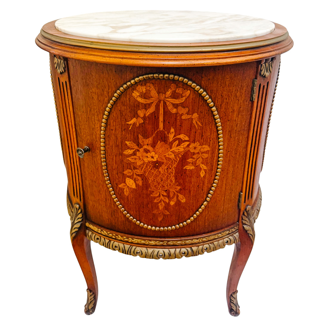 Mid-Century Louis XVI Style Round Gueridon Commode Tables With Carrara Marble & Floral Marquetry