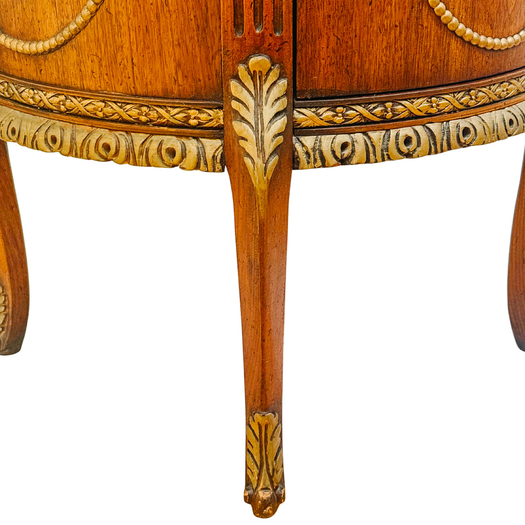 Mid-Century Louis XVI Style Round Gueridon Commode Tables With Carrara Marble & Floral Marquetry