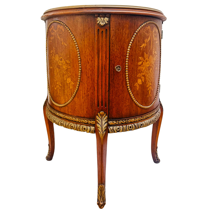 Mid-Century Louis XVI Style Round Gueridon Commode Tables With Carrara Marble & Floral Marquetry