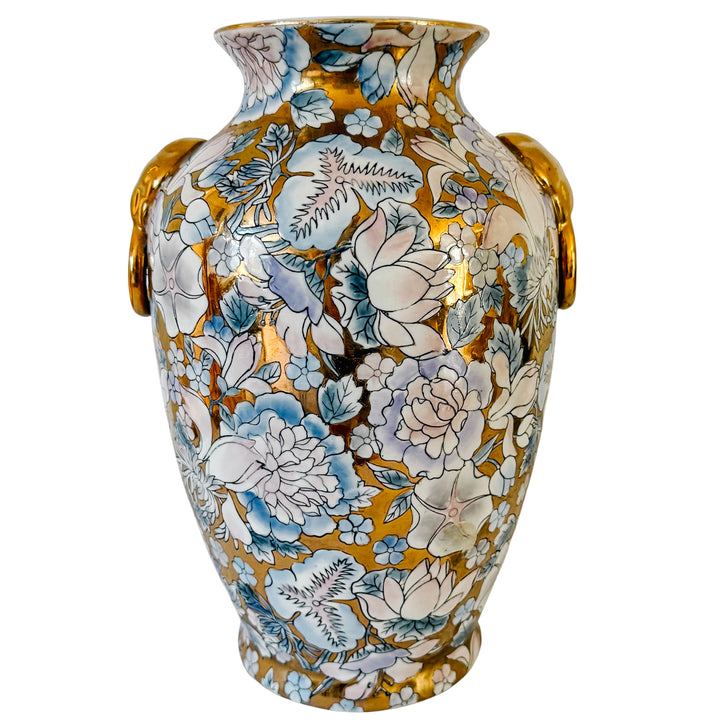 Mid-Century Macau Enameled Gold-Ground Lotus & Peony Vase / Lamp Base