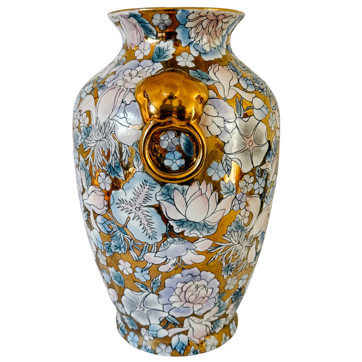 Mid-Century Macau Enameled Gold-Ground Lotus & Peony Vase / Lamp Base