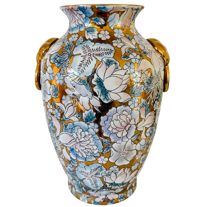Mid-Century Macau Enameled Gold-Ground Lotus & Peony Vase / Lamp Base