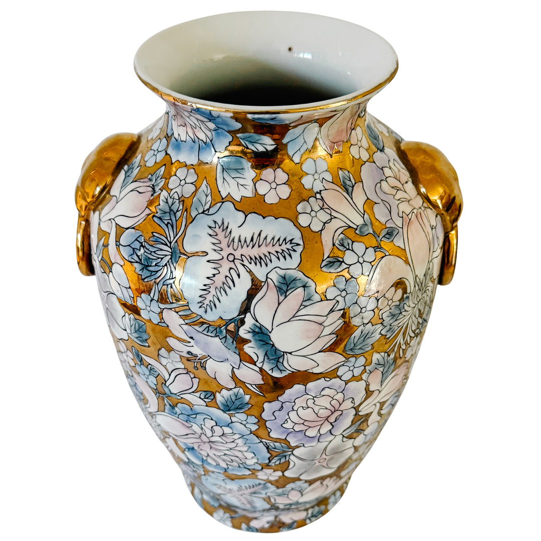 Mid-Century Macau Enameled Gold-Ground Lotus & Peony Vase / Lamp Base