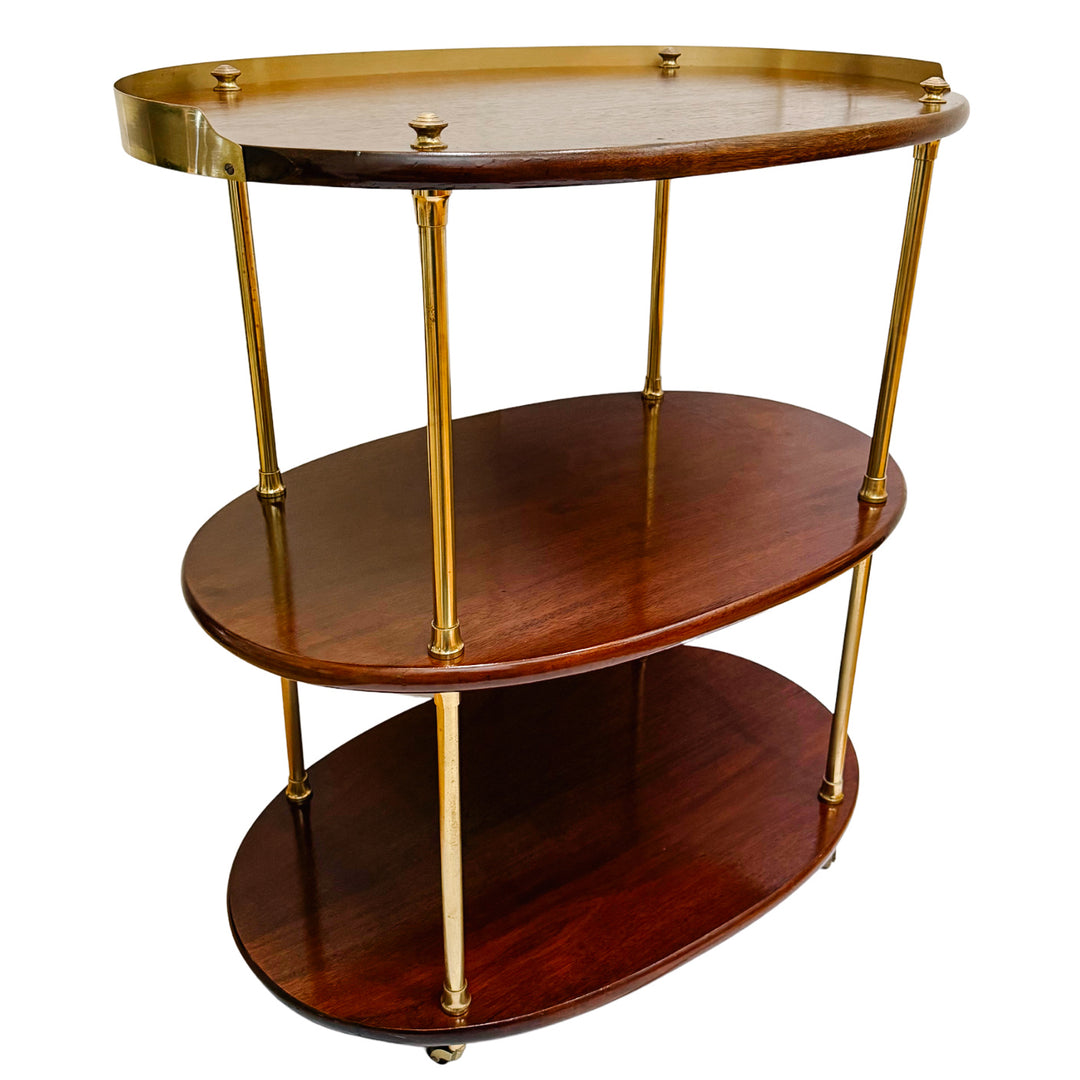 Mid-Century Modern Three-Tier Oval Bar Cart / Tea Trolley in Mahogany and Brass