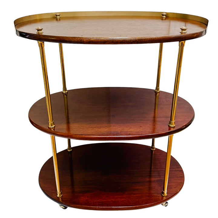 Mid-Century Modern Three-Tier Oval Bar Cart / Tea Trolley in Mahogany and Brass