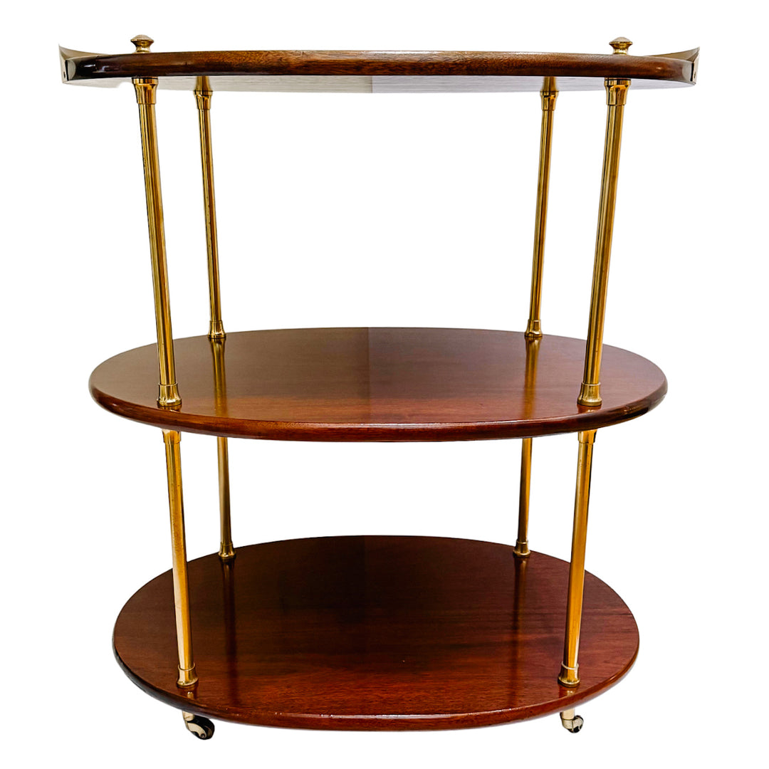 Mid-Century Modern Three-Tier Oval Bar Cart / Tea Trolley in Mahogany and Brass