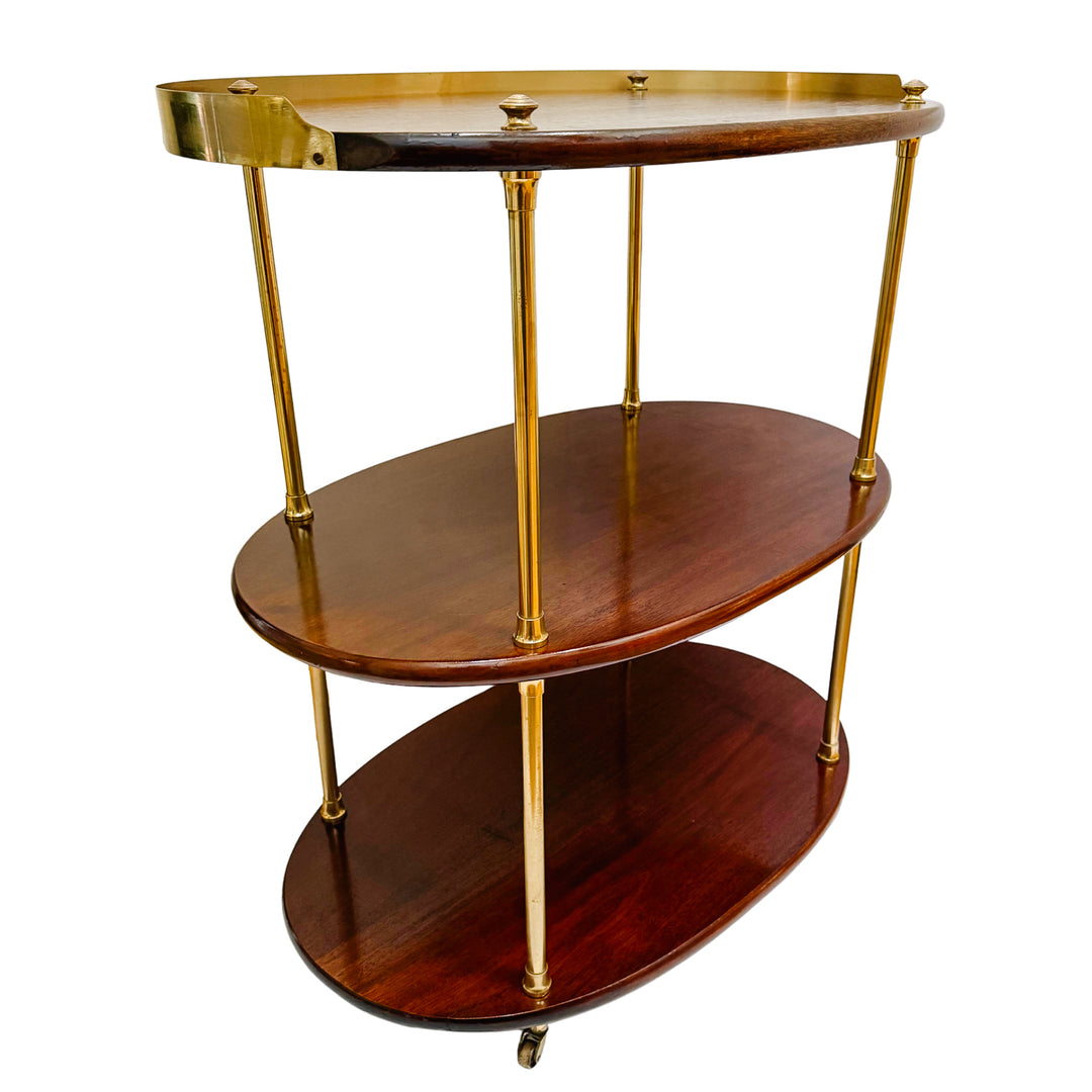 Mid-Century Modern Three-Tier Oval Bar Cart / Tea Trolley in Mahogany and Brass