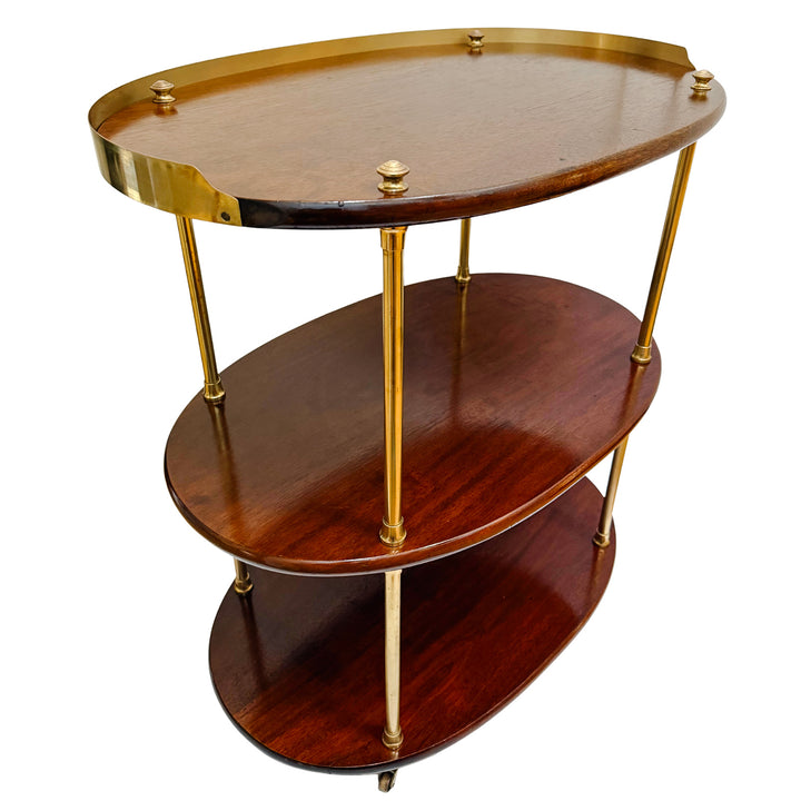 Mid-Century Modern Three-Tier Oval Bar Cart / Tea Trolley in Mahogany and Brass