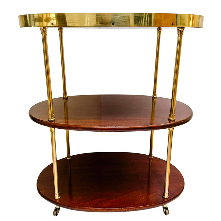 Mid-Century Modern Three-Tier Oval Bar Cart / Tea Trolley in Mahogany and Brass