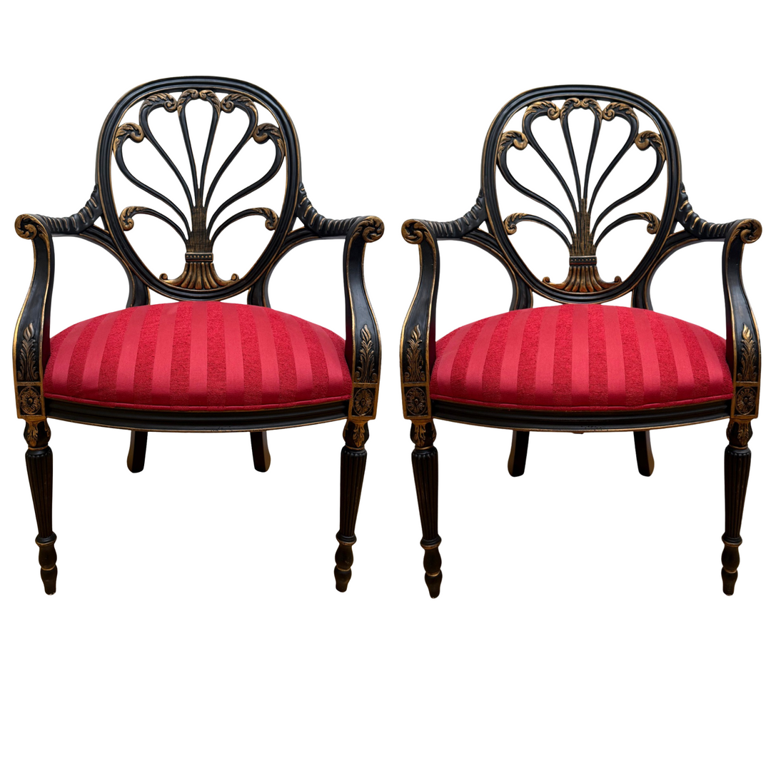 Mid-Century Neoclassical/Regency Revival Black & Gilt Anthemion Armchairs