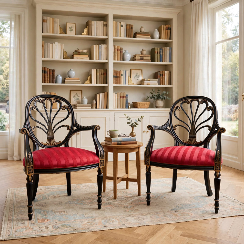 Mid-Century Neoclassical/Regency Revival Black & Gilt Anthemion Armchairs