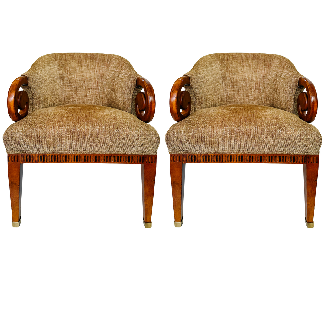 Mid-Century Regency Style Upholstered Barrel Chairs With Scrolled Arms