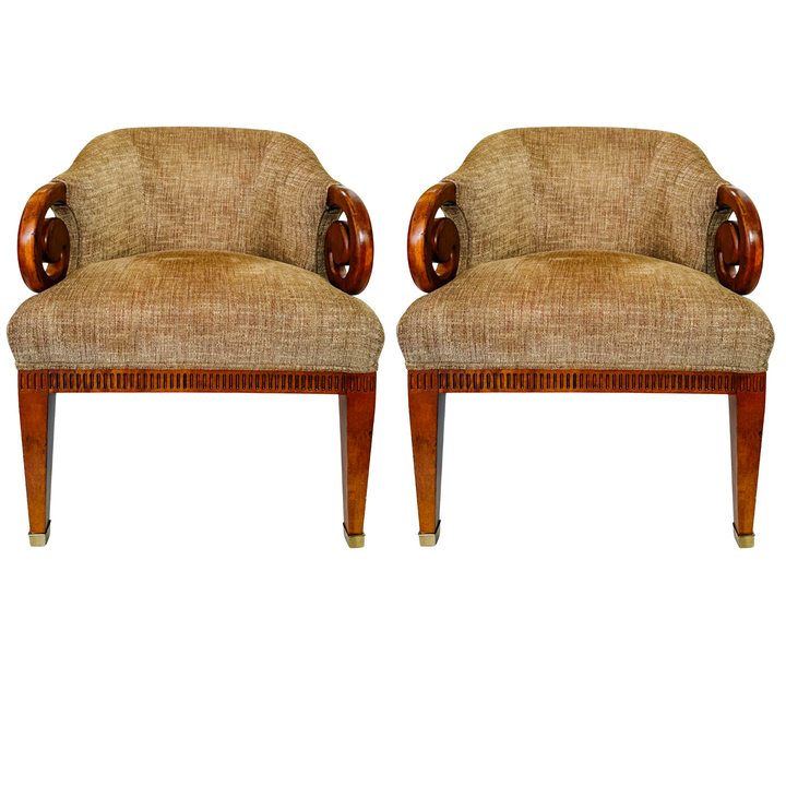 Mid-Century Regency Style Upholstered Barrel Chairs With Scrolled Arms