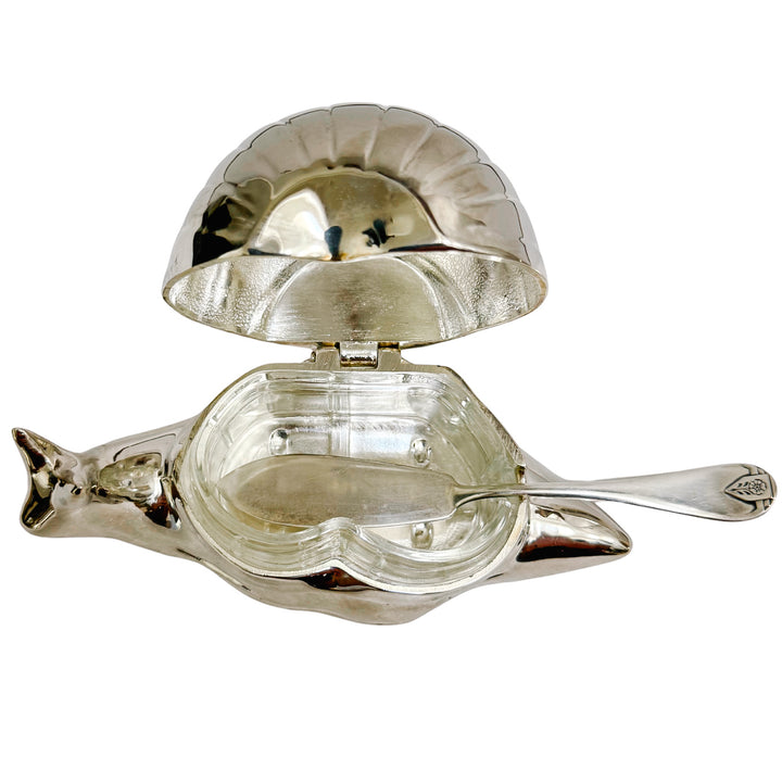 Mid-Century Silver-Plated Snail Caviar/ Butter Dish With Glass Liner & Spreader