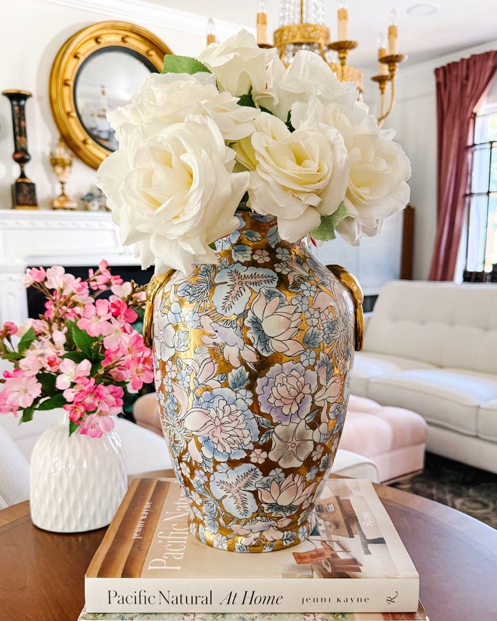 Mid-Century Macau Enameled Gold-Ground Lotus & Peony Vase / Lamp Base