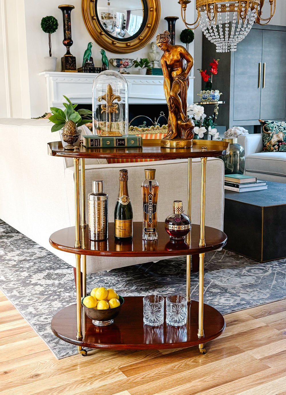 Mid-Century Modern Three-Tier Oval Bar Cart / Tea Trolley in Mahogany and Brass