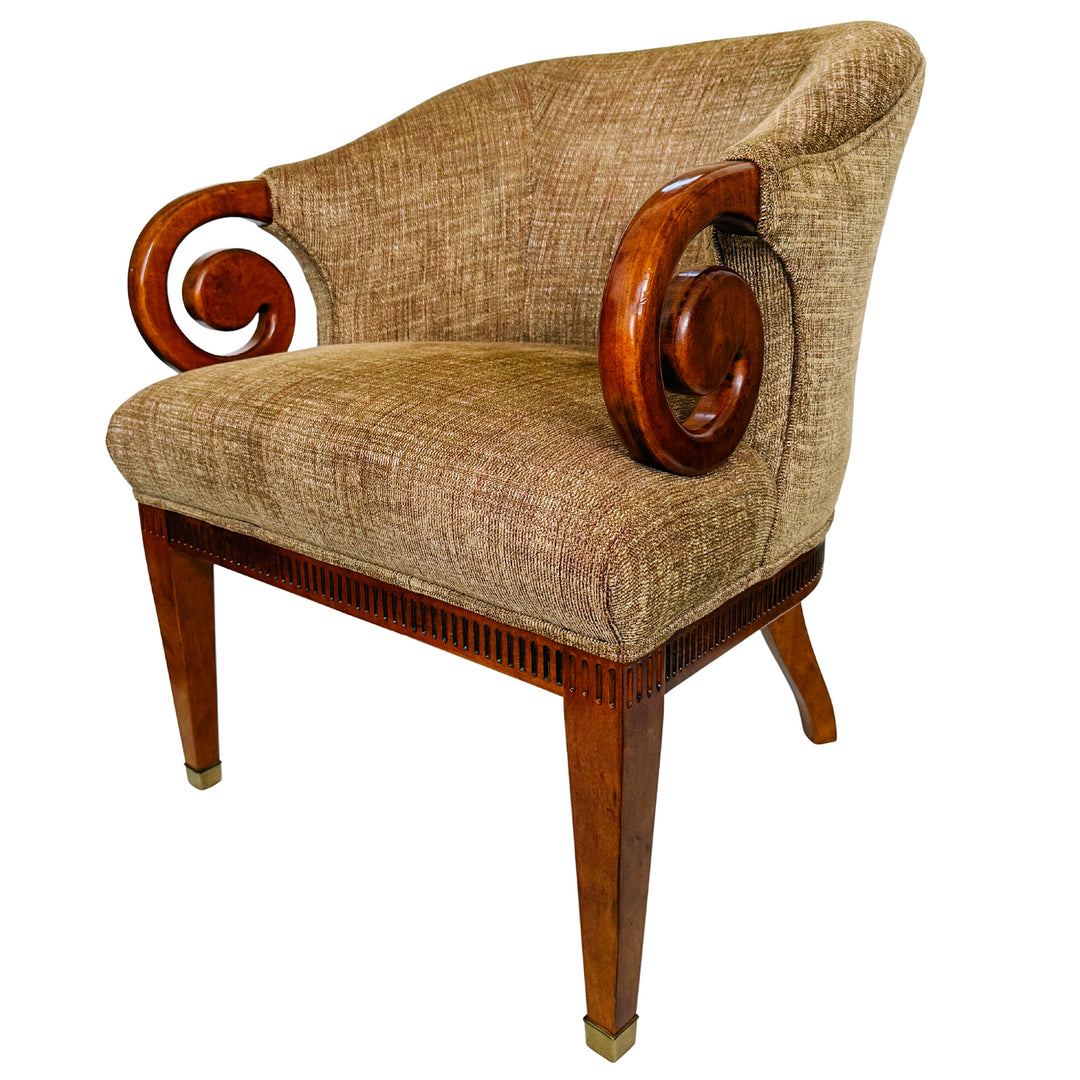 Mid-Century Regency Style Upholstered Barrel Chairs With Scrolled Arms