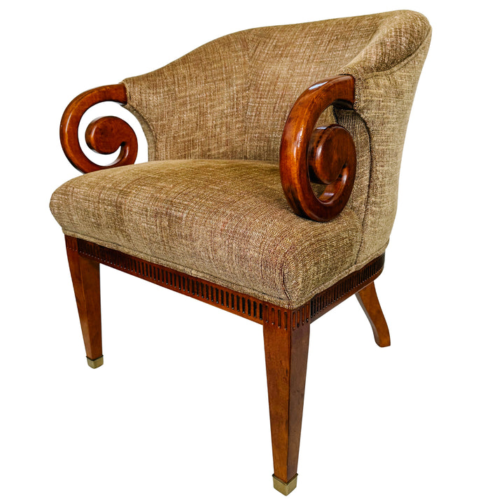 Mid-Century Regency Style Upholstered Barrel Chairs With Scrolled Arms