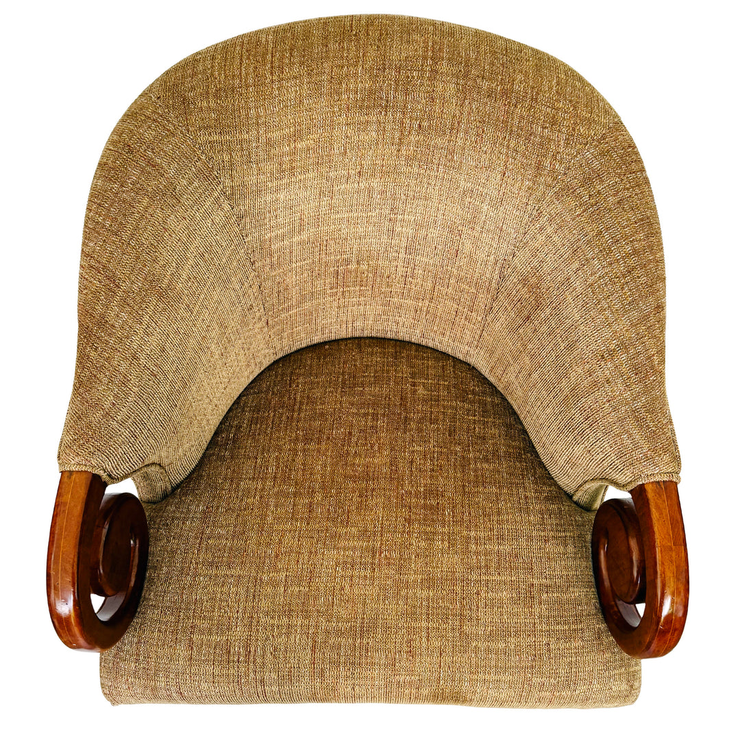 Mid-Century Regency Style Upholstered Barrel Chairs With Scrolled Arms