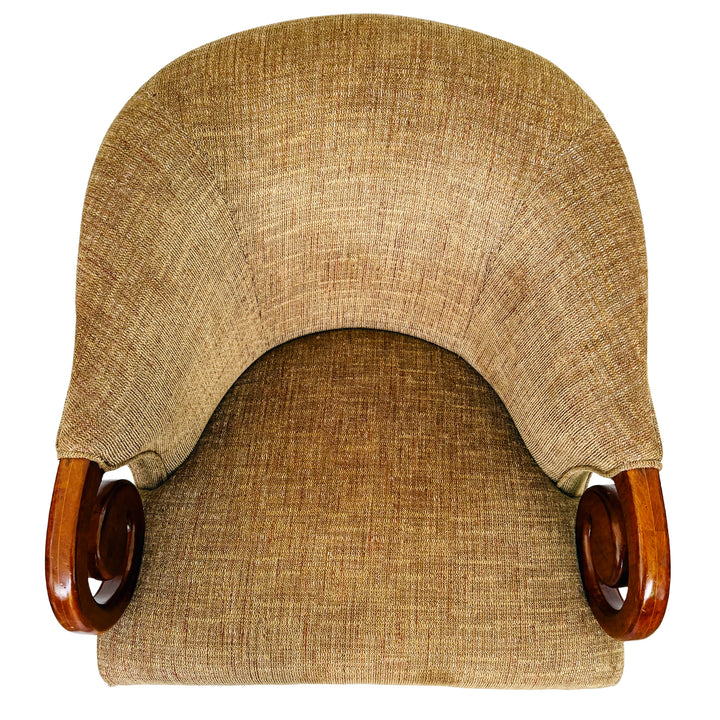 Mid-Century Regency Style Upholstered Barrel Chairs With Scrolled Arms