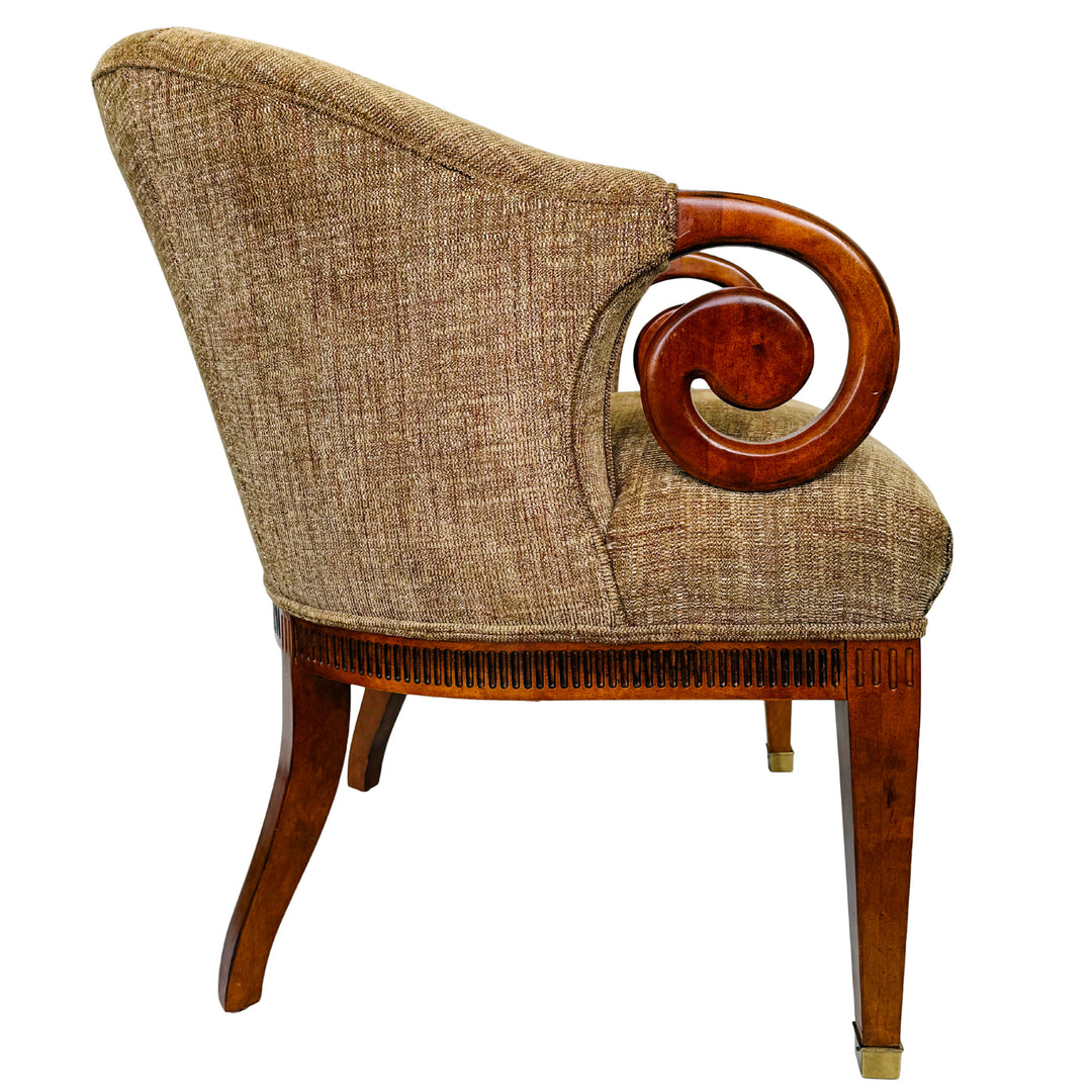 Mid-Century Regency Style Upholstered Barrel Chairs With Scrolled Arms