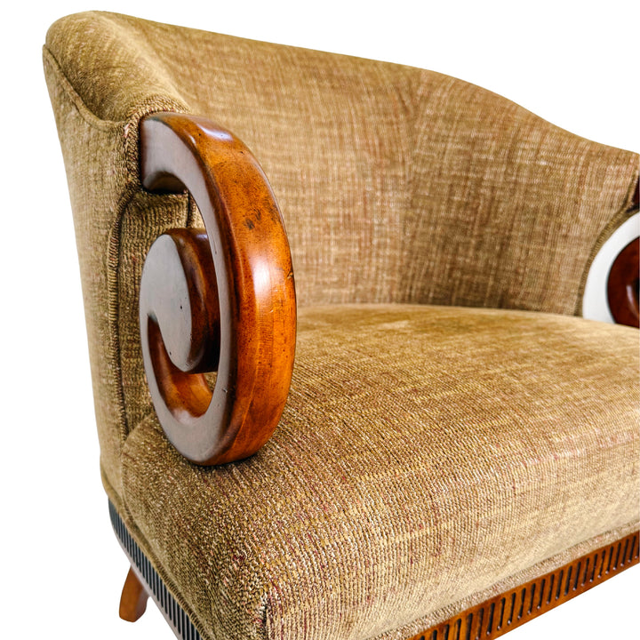 Mid-Century Regency Style Upholstered Barrel Chairs With Scrolled Arms