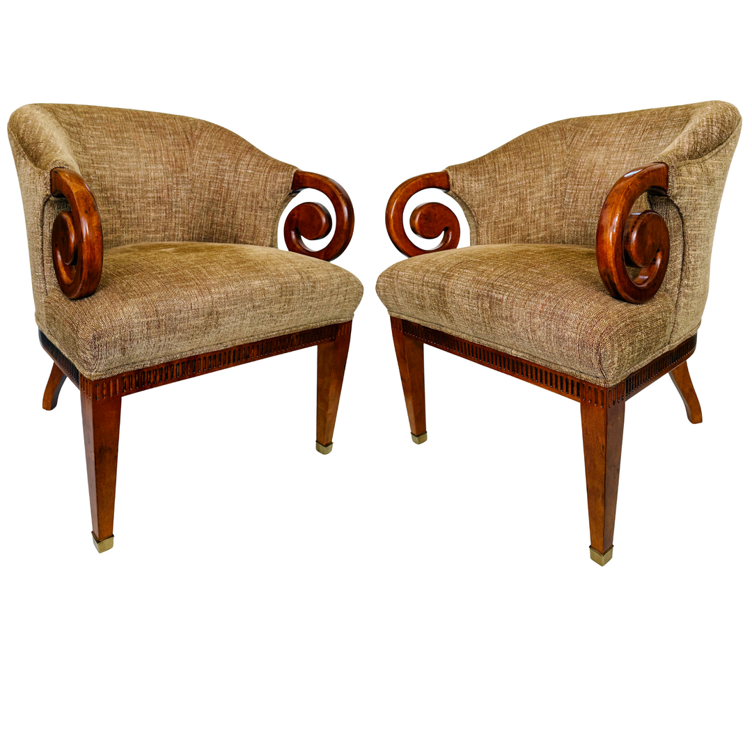 Mid-Century Regency Style Upholstered Barrel Chairs With Scrolled Arms