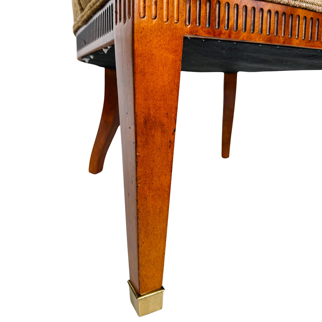 Mid-Century Regency Style Upholstered Barrel Chairs With Scrolled Arms
