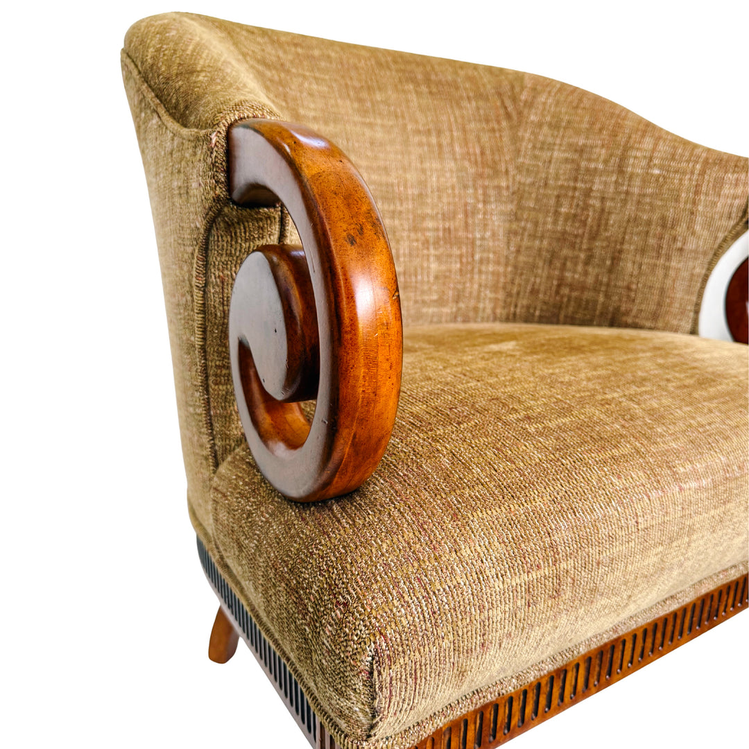 Mid-Century Regency Style Upholstered Barrel Chairs With Scrolled Arms