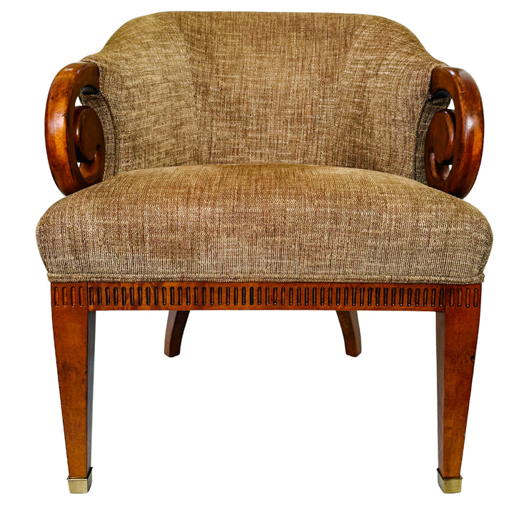 Mid-Century Regency Style Upholstered Barrel Chairs With Scrolled Arms