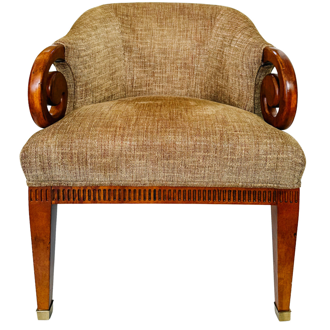 Mid-Century Regency Style Upholstered Barrel Chairs With Scrolled Arms