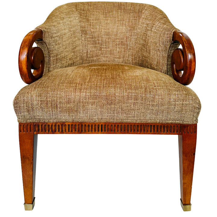 Mid-Century Regency Style Upholstered Barrel Chairs With Scrolled Arms