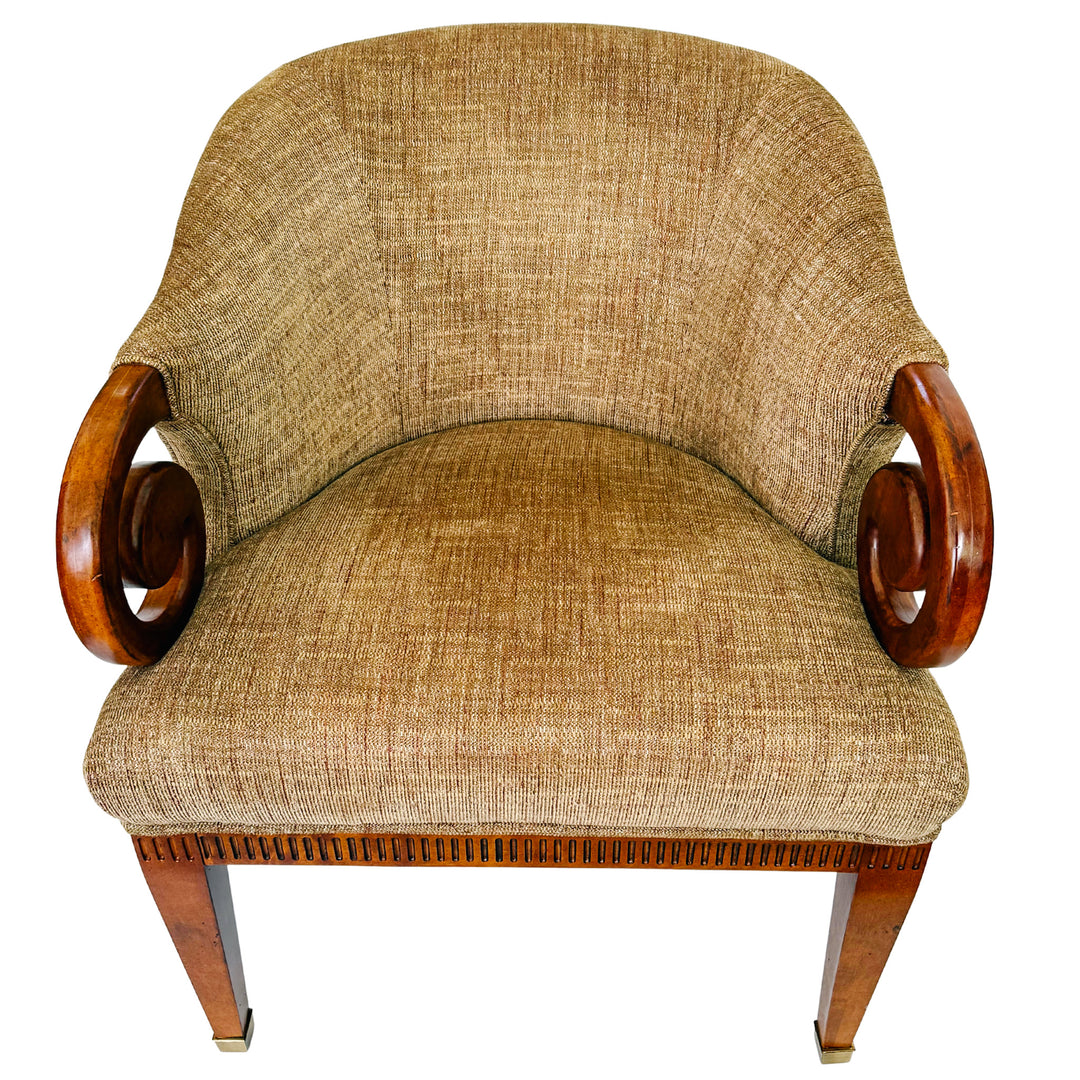 Mid-Century Regency Style Upholstered Barrel Chairs With Scrolled Arms