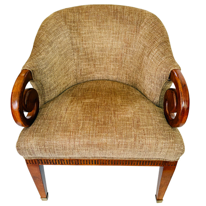 Mid-Century Regency Style Upholstered Barrel Chairs With Scrolled Arms