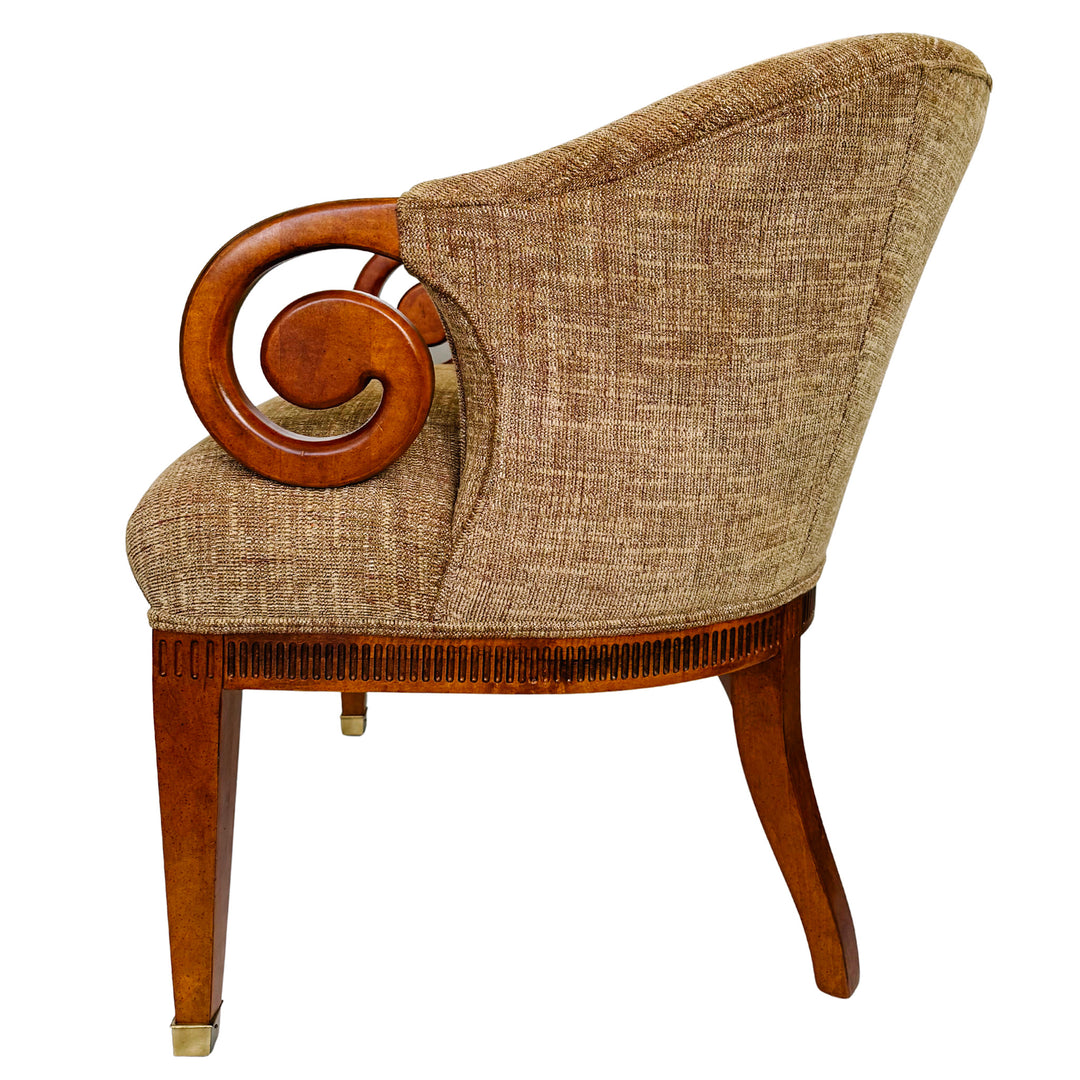 Mid-Century Regency Style Upholstered Barrel Chairs With Scrolled Arms
