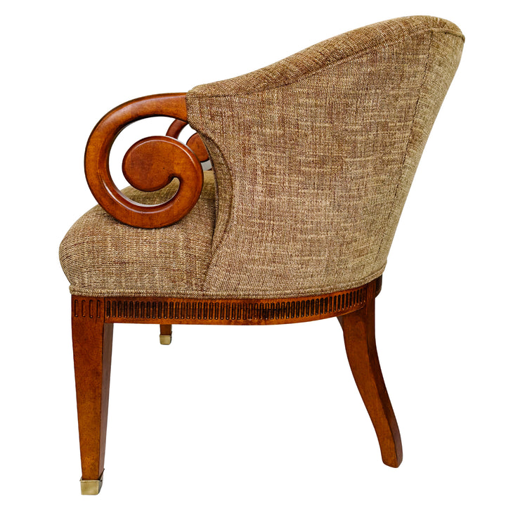 Mid-Century Regency Style Upholstered Barrel Chairs With Scrolled Arms