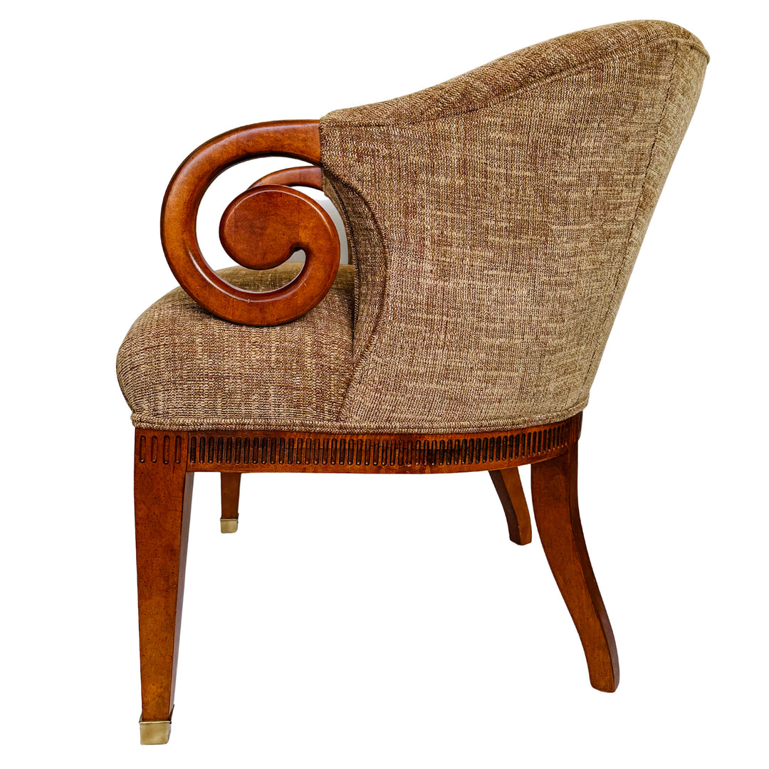 Mid-Century Regency Style Upholstered Barrel Chairs With Scrolled Arms