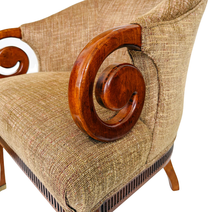 Mid-Century Regency Style Upholstered Barrel Chairs With Scrolled Arms