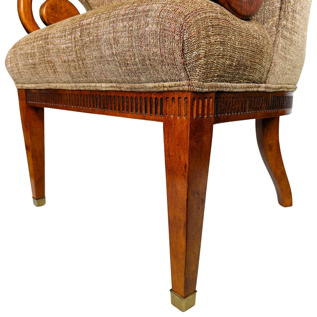 Mid-Century Regency Style Upholstered Barrel Chairs With Scrolled Arms
