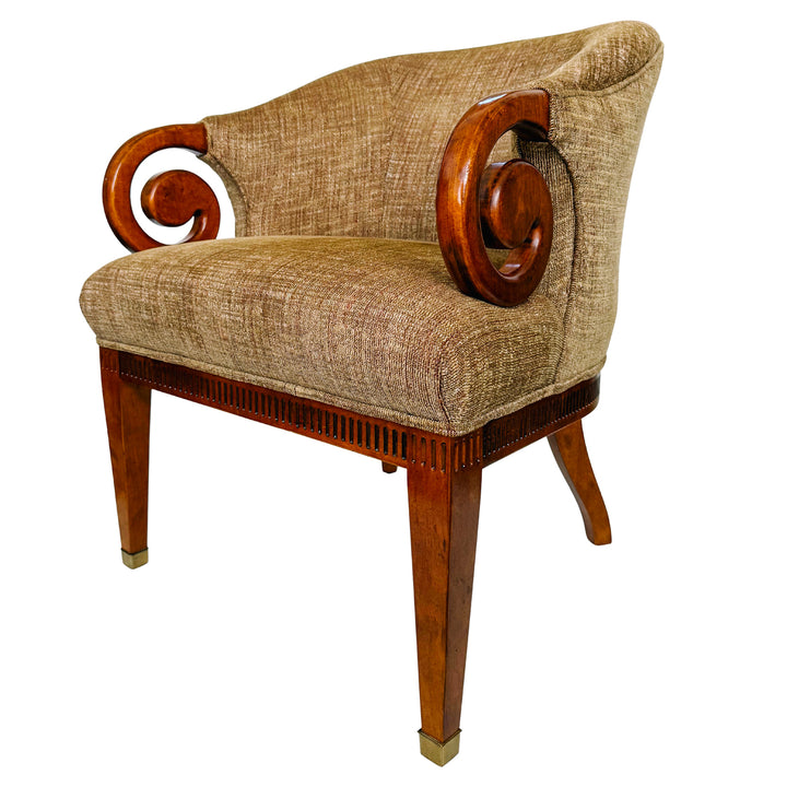 Mid-Century Regency Style Upholstered Barrel Chairs With Scrolled Arms