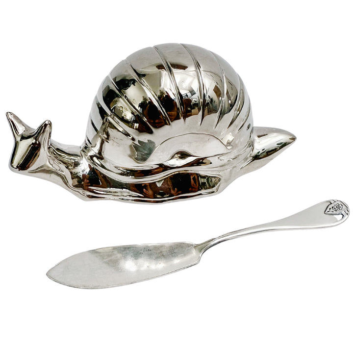 Mid-Century Silver-Plated Snail Caviar/ Butter Dish With Glass Liner & Spreader