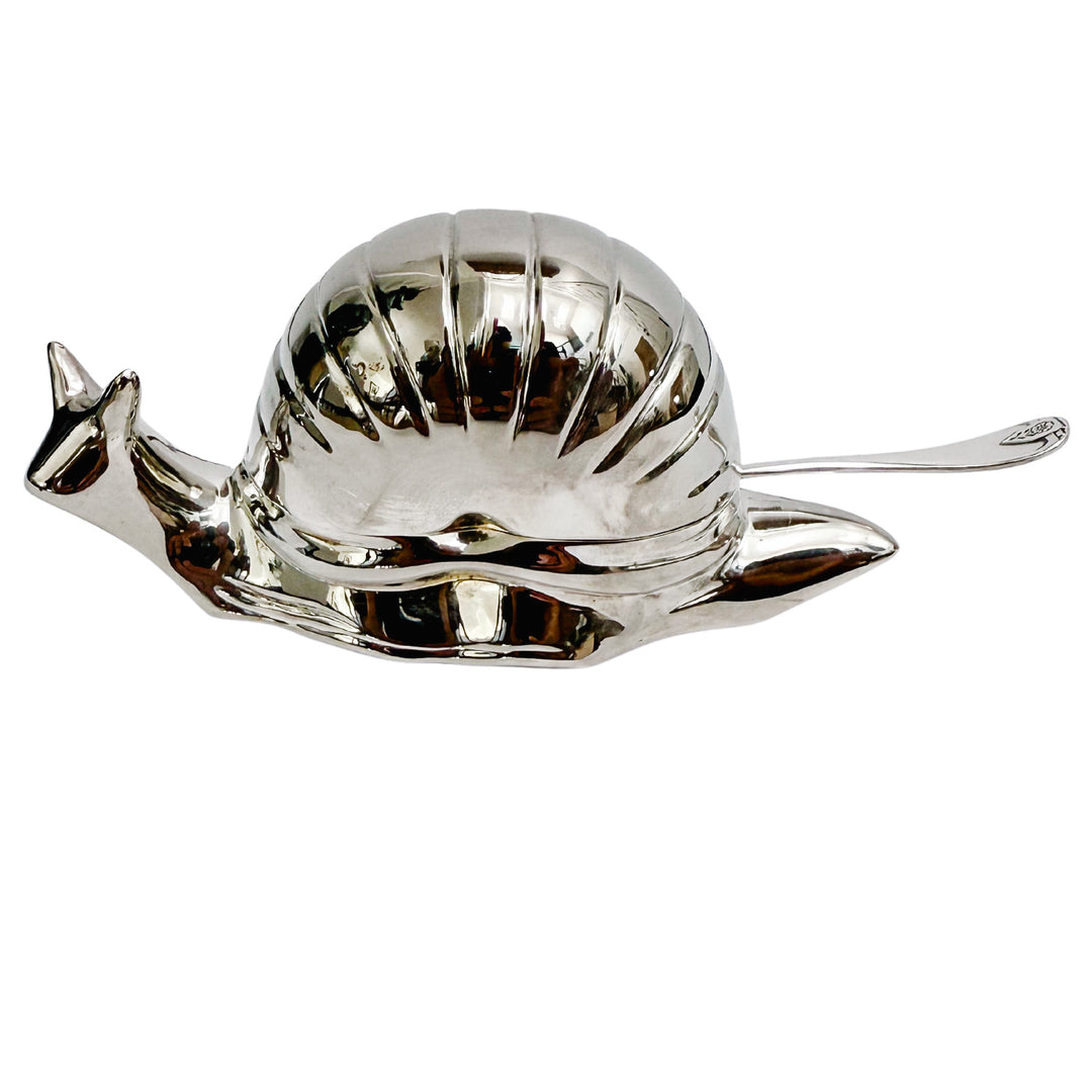 Mid-Century Silver-Plated Snail Caviar/ Butter Dish With Glass Liner & Spreader