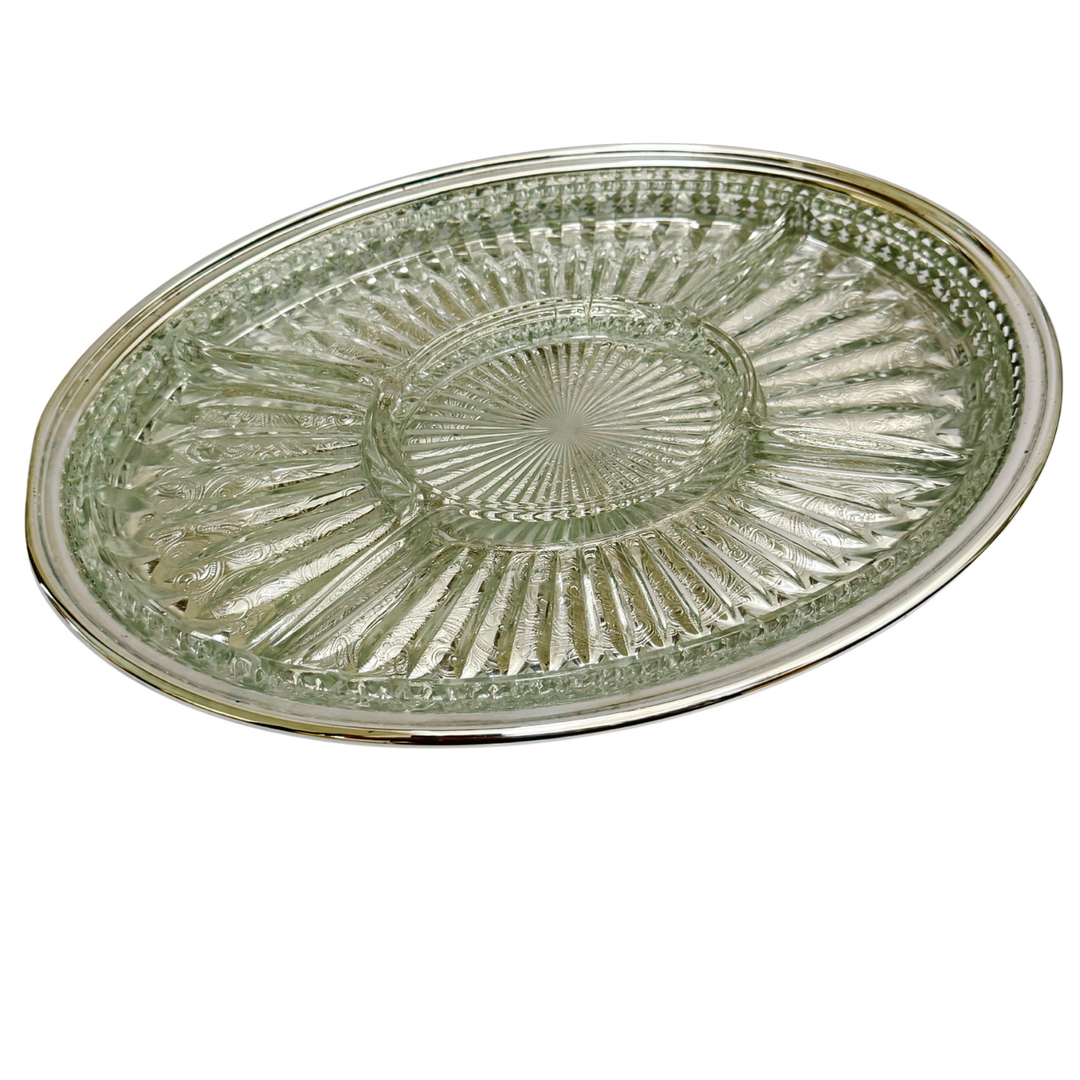 Mid-Century Silver Plated Gallery Tray & Sunburst Pressed Glass Hors D'oeuvres Insert