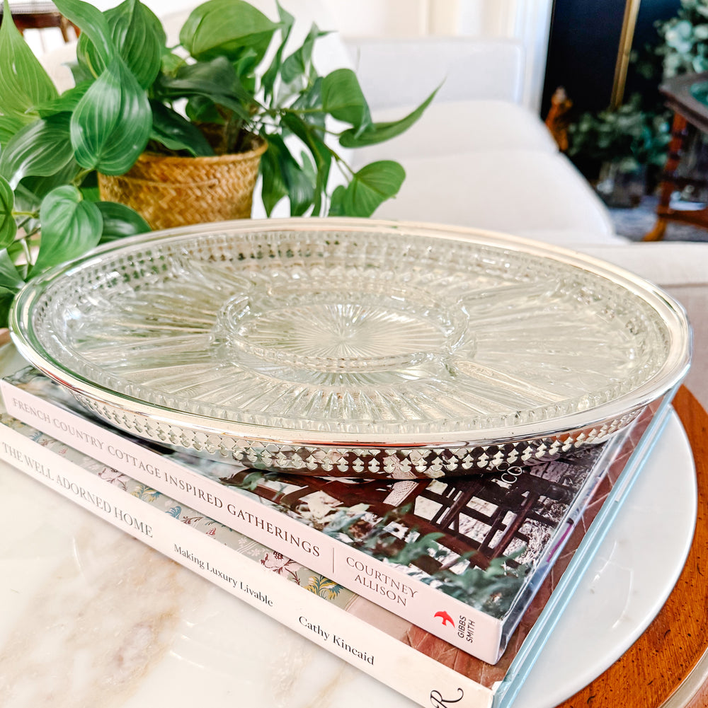 Mid-Century Silver Plated Gallery Tray & Sunburst Pressed Glass Hors D'oeuvres Insert