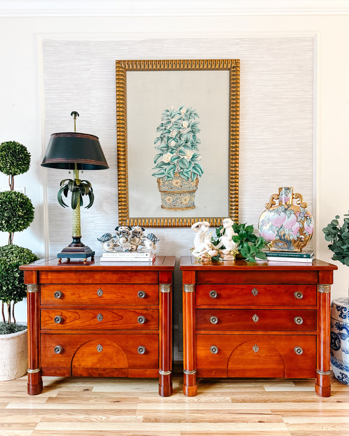 French Empire Cherry Wood Nightstands With Ormolu Accents by Lexington